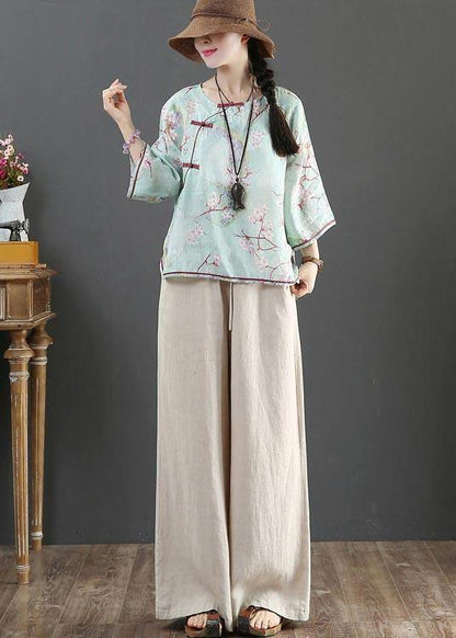 Organic Blue Print Linen Half Sleeve Top Summer