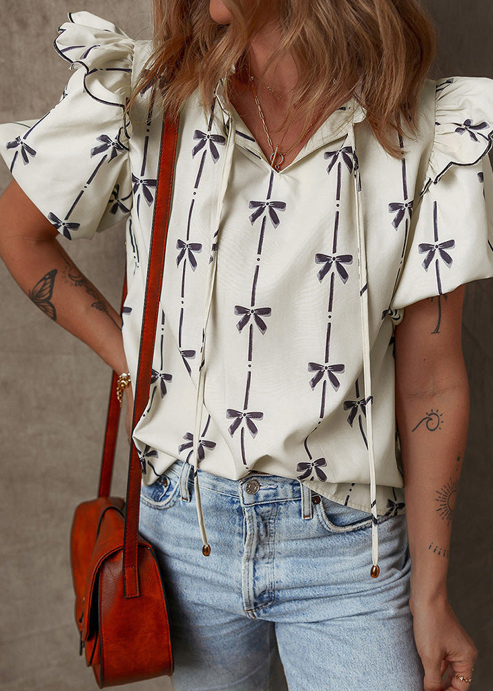 Beige Ruffled Puff Sleeve Print Chiffon Shirt Tops