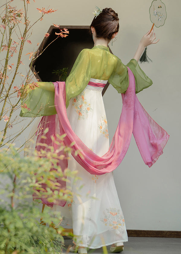 Classy Green Print Lace Up Patchwork Chiffon Tops and Dresses Two Pieces Set Fall