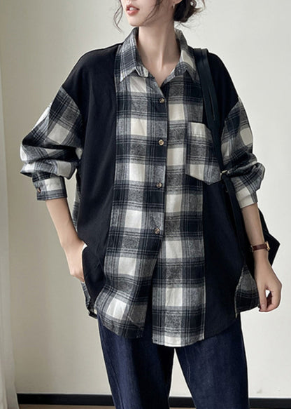 Black Plaid Button Patchwork Cotton Shirts Fall