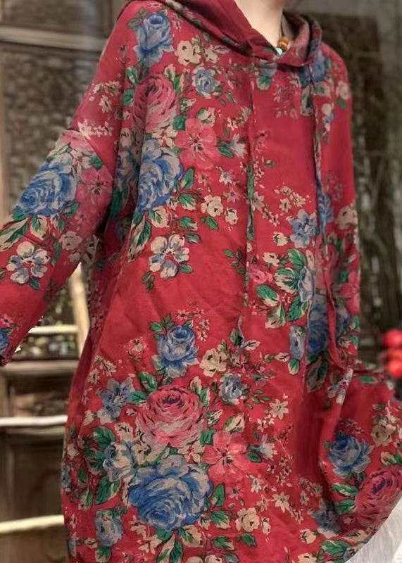 Red Hooded Print Linen Tops Spring