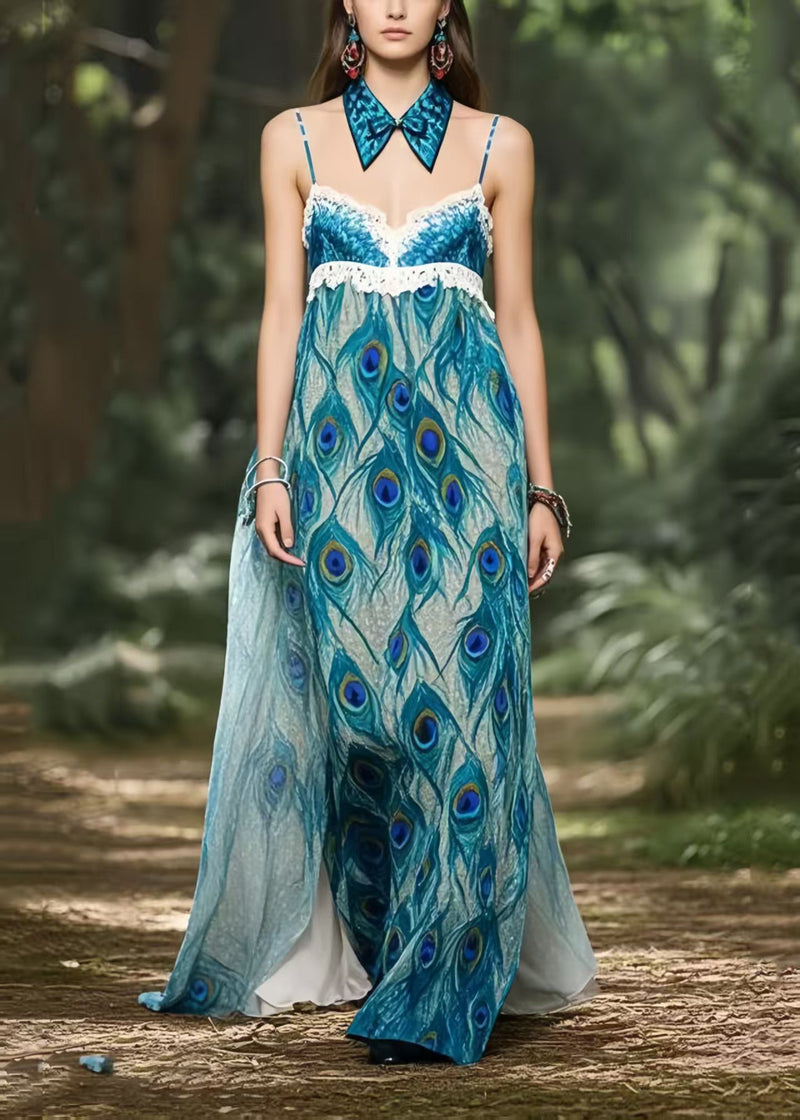 Peacock Blue Print Chiffon Strapless Dress Summer