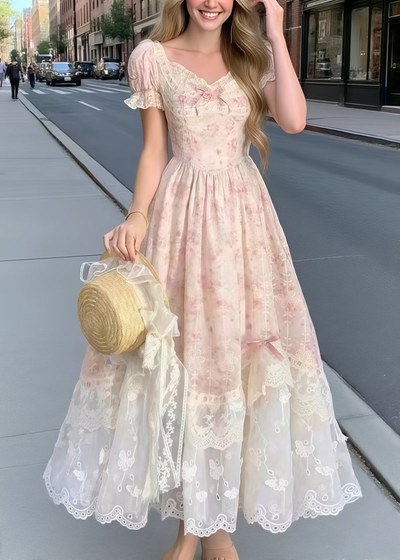 Pink Puff Sleeve Patchwork Bow Party Dress Summer