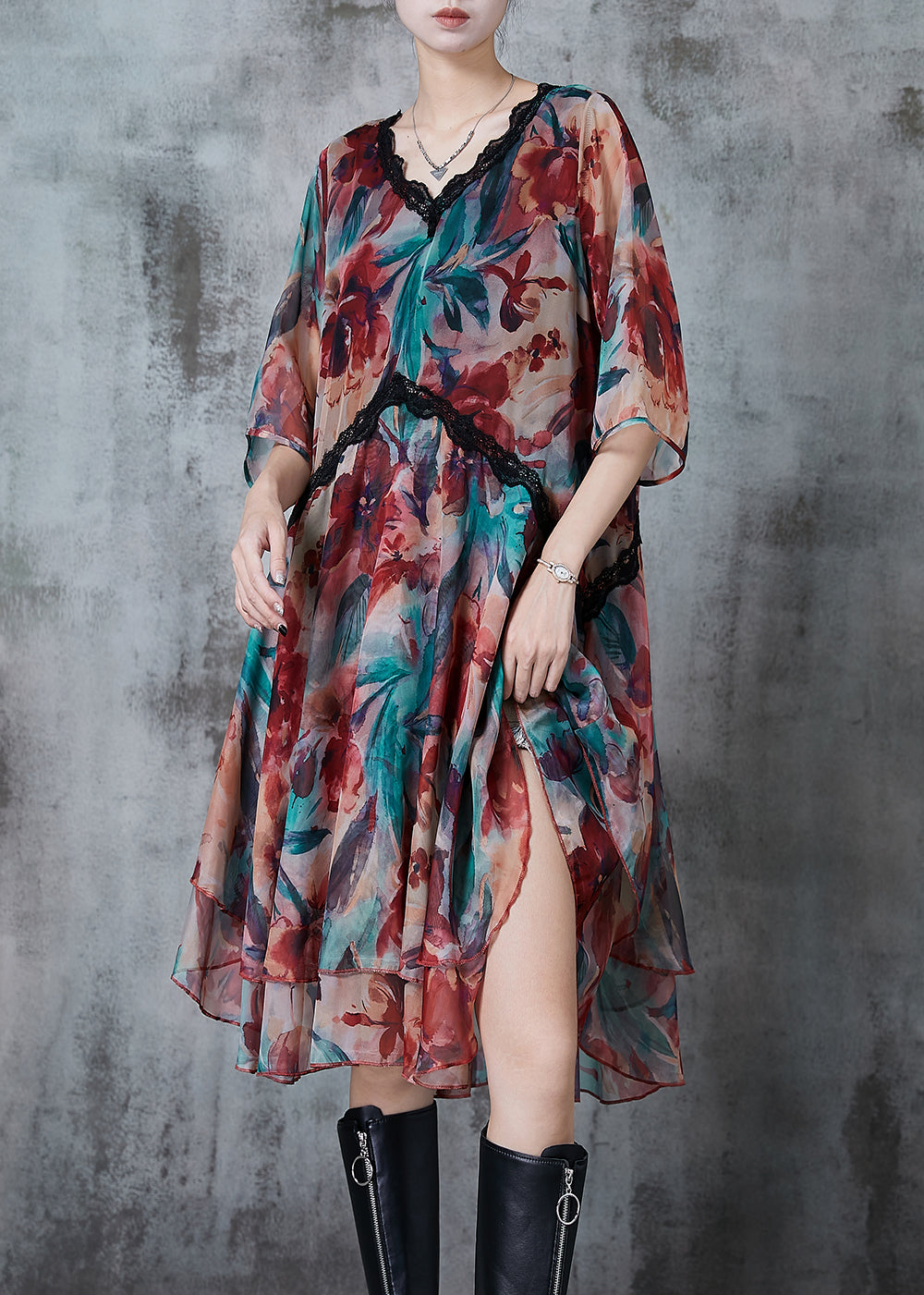 V Neck Print Chiffon Beach Dresses Summer