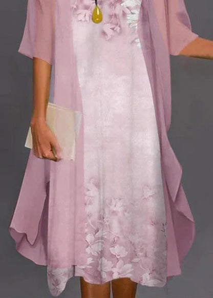 New Pink O-neck Print Chiffon Two Pieces Set Half Sleeve