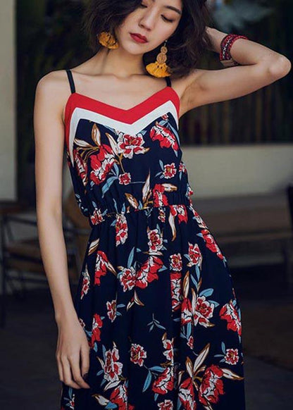 Modern Navy Print Backless Cotton Maxi Dresses