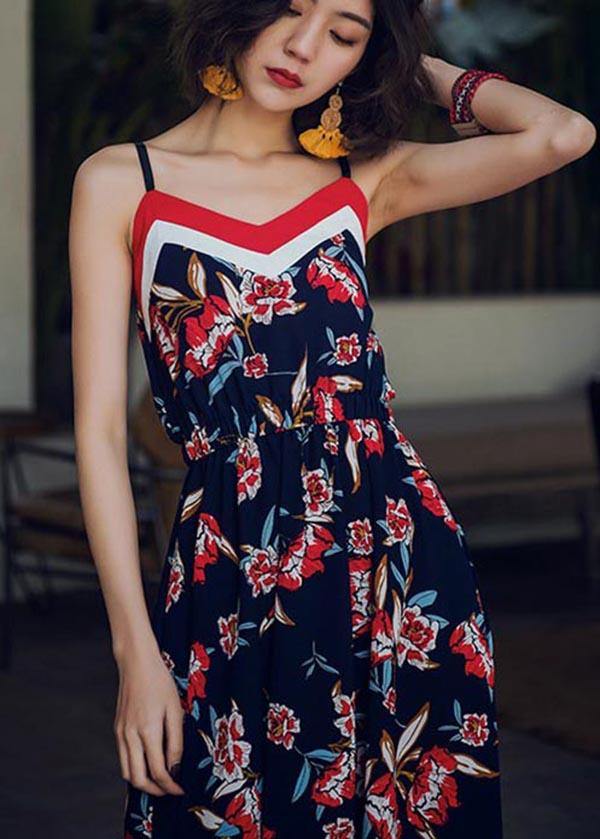 Modern Navy Print Backless Cotton Maxi Dresses