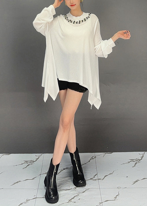 White O-neck Asymmetrical Cotton T Shirt Top Fall