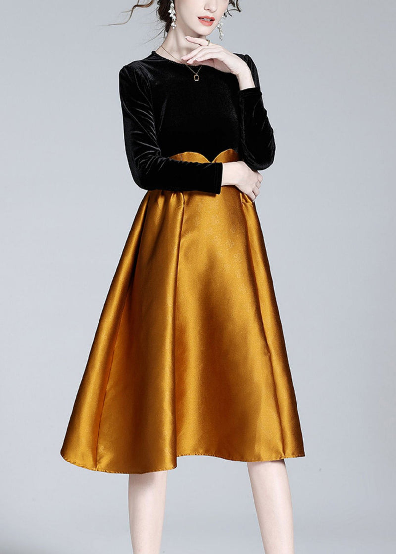 Black Patchwork Orange Velour Long Dress Spring