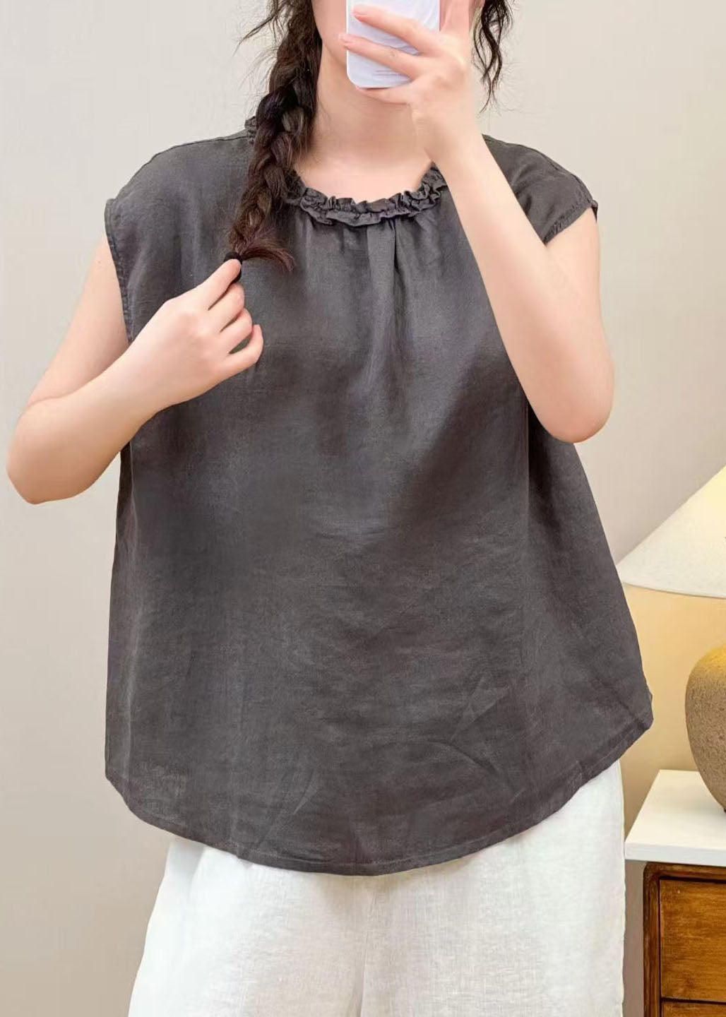 Stylish Grey Ruffled Linen Shirt Top Sleeveless