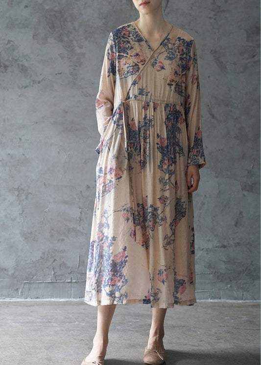 Blue Print Holiday Long Dress Tie Waist V Neck Long Sleeve