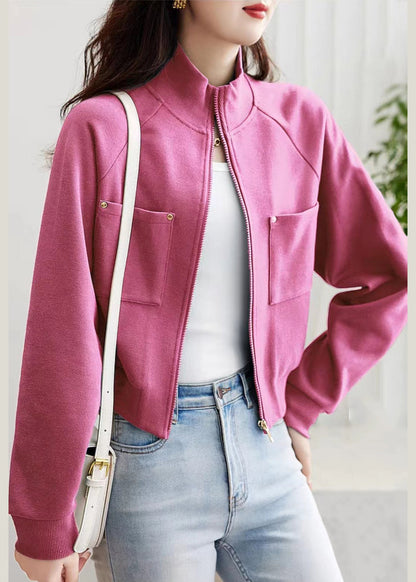 French Pink Zip Up Pockets Cotton Coat Outwear Spring