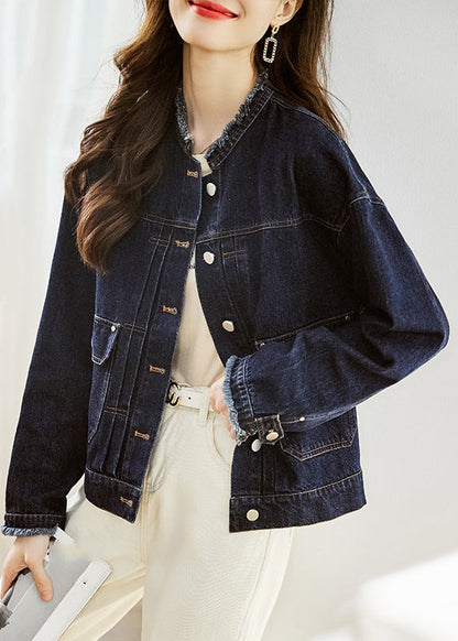 Dark Blue O-neck Pockets Patchwork Denim Coats Fall