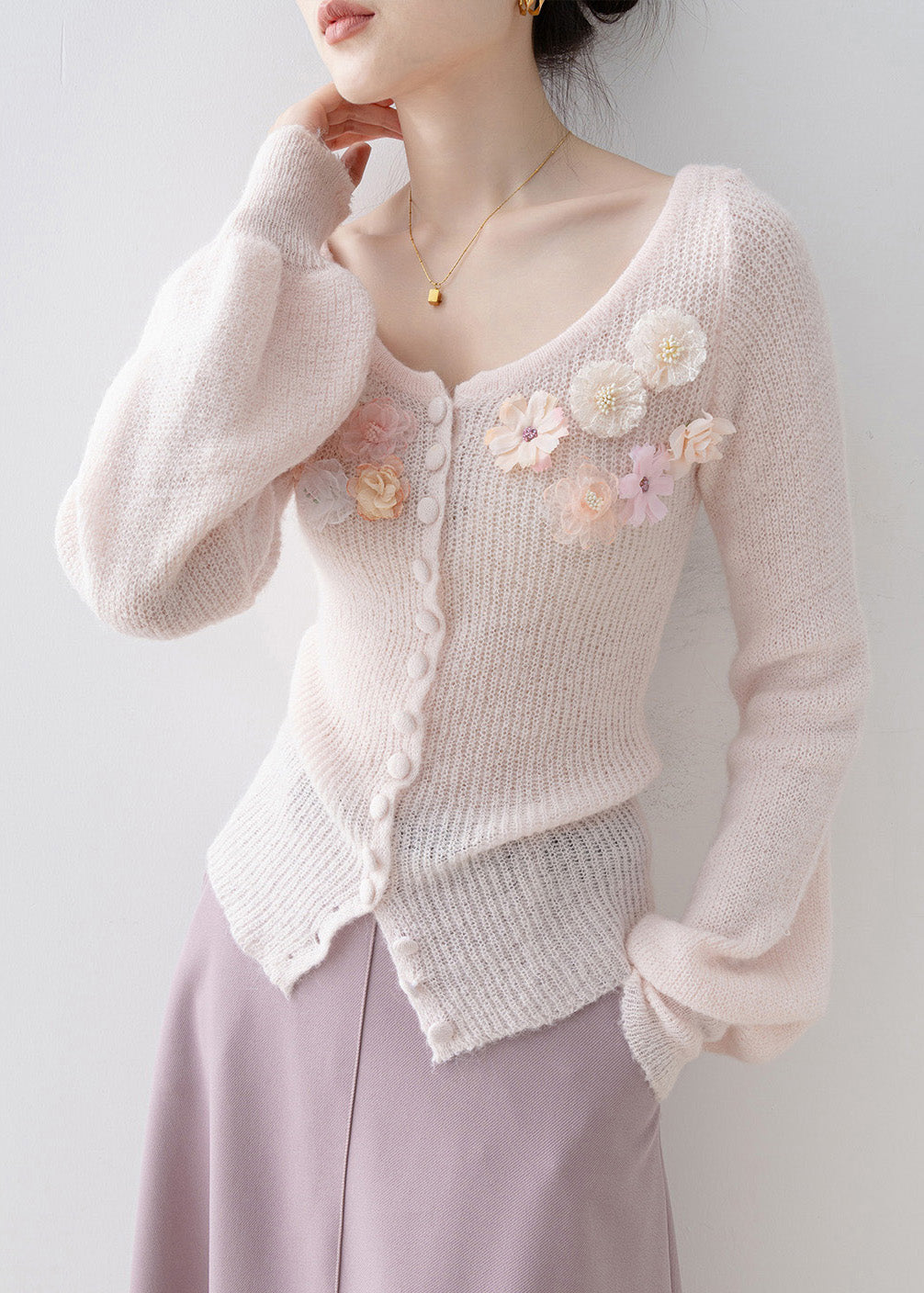 Unique Pink O Neck Knit Sweaters Lantern Sleeve