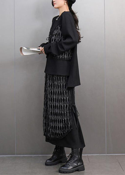 Unique Black O-neck Plaid Patchwork Top and Maxi Skirts Two Piece Set Spring