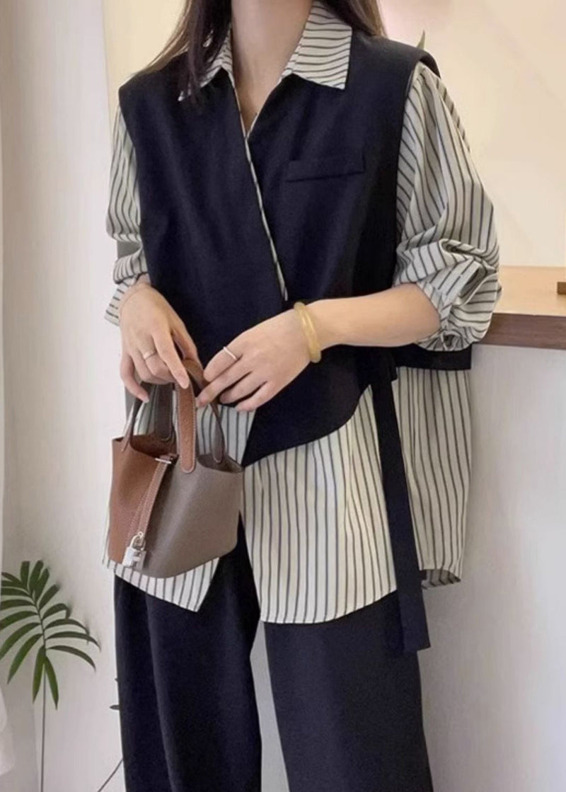 Striped Asymmetrical Button Cotton Shirt Long Sleeve