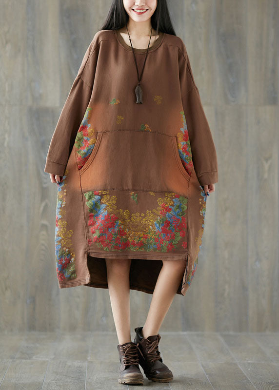 Chocolate Print Sweatshirt Dresses Pockets Spring