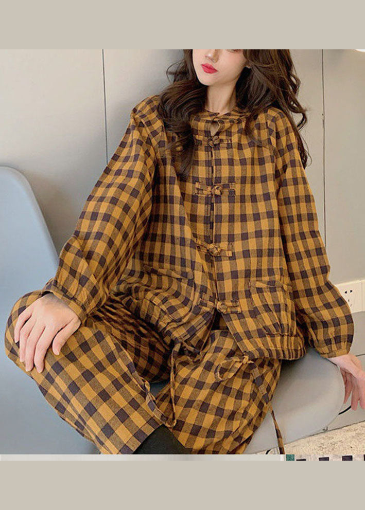 Handmade Khaki O-neck Button Plaid Warm Fleece Two Piece Outfit Spring