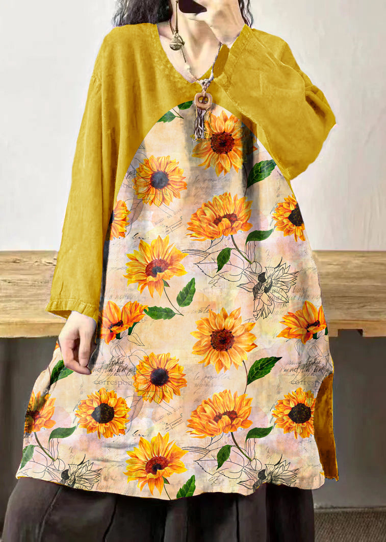 Black Flower V Neck Embroidered Patchwork Linen Mid Dresses Fall