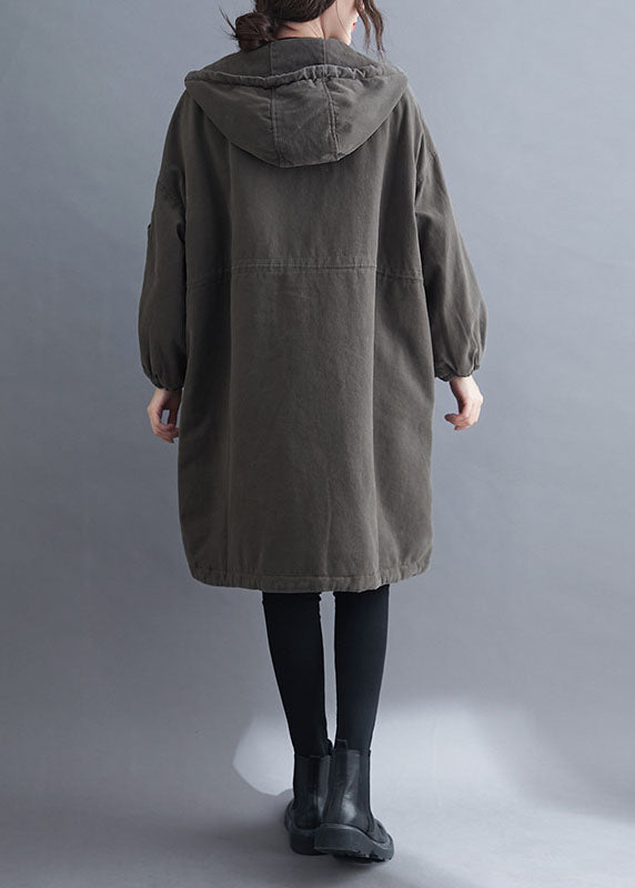 Organic Grey Hooded Zippered Pockets Winter Long Sleeve Coat