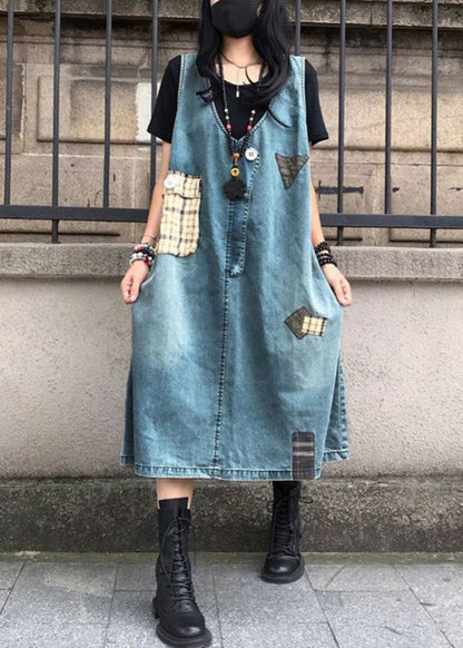 Blue V Neck Patchwork Denim Maxi Slip Dress Sleeveless