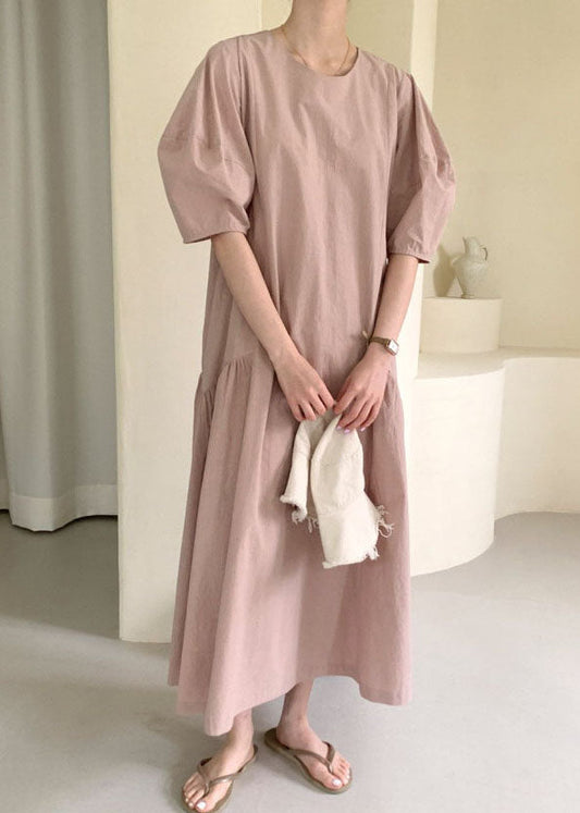 Pink Puff Sleeve Patchwork Cotton Vacation Dresses Spring