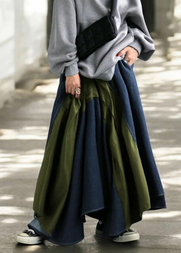 Mixed Color Asymmetrical Patchwork Denim Skirt Summer