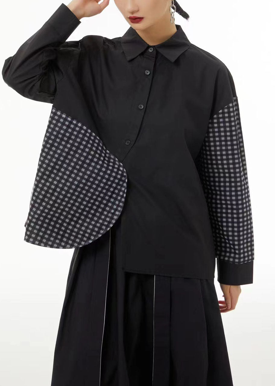 Diy White Asymmetrical Patchwork Plaid Cotton Shirt Summer