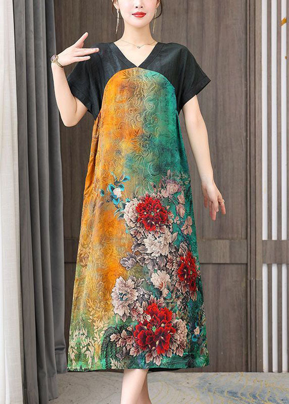 Colorblock V Neck Patchwork Silk Dress Summer