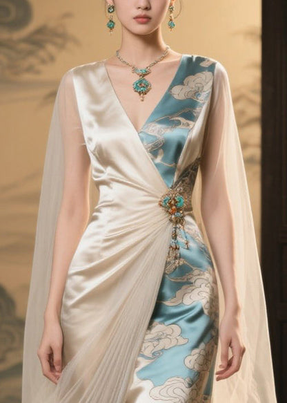 Italian Champagne Print Asymmetrical Patchwork Tulle Party Dress Summer