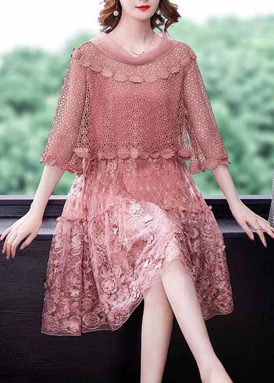 Pink O-neck Ruffled Patchwork Lace Dress Half Sleeve