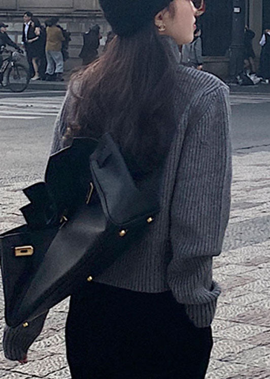 Black Stand Collar Zippered Cozy Fall Knit Coat