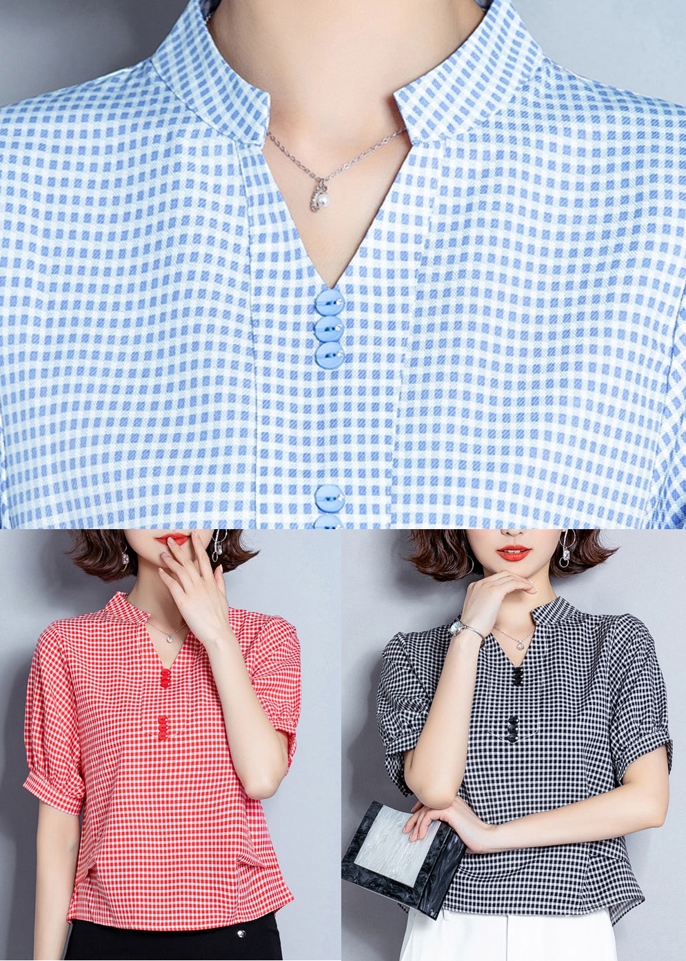 Light Blue Plaid Button Chiffon Shirt Top Summer