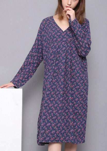 Style Blue V Neck Dress Print Spring Maxi Dress