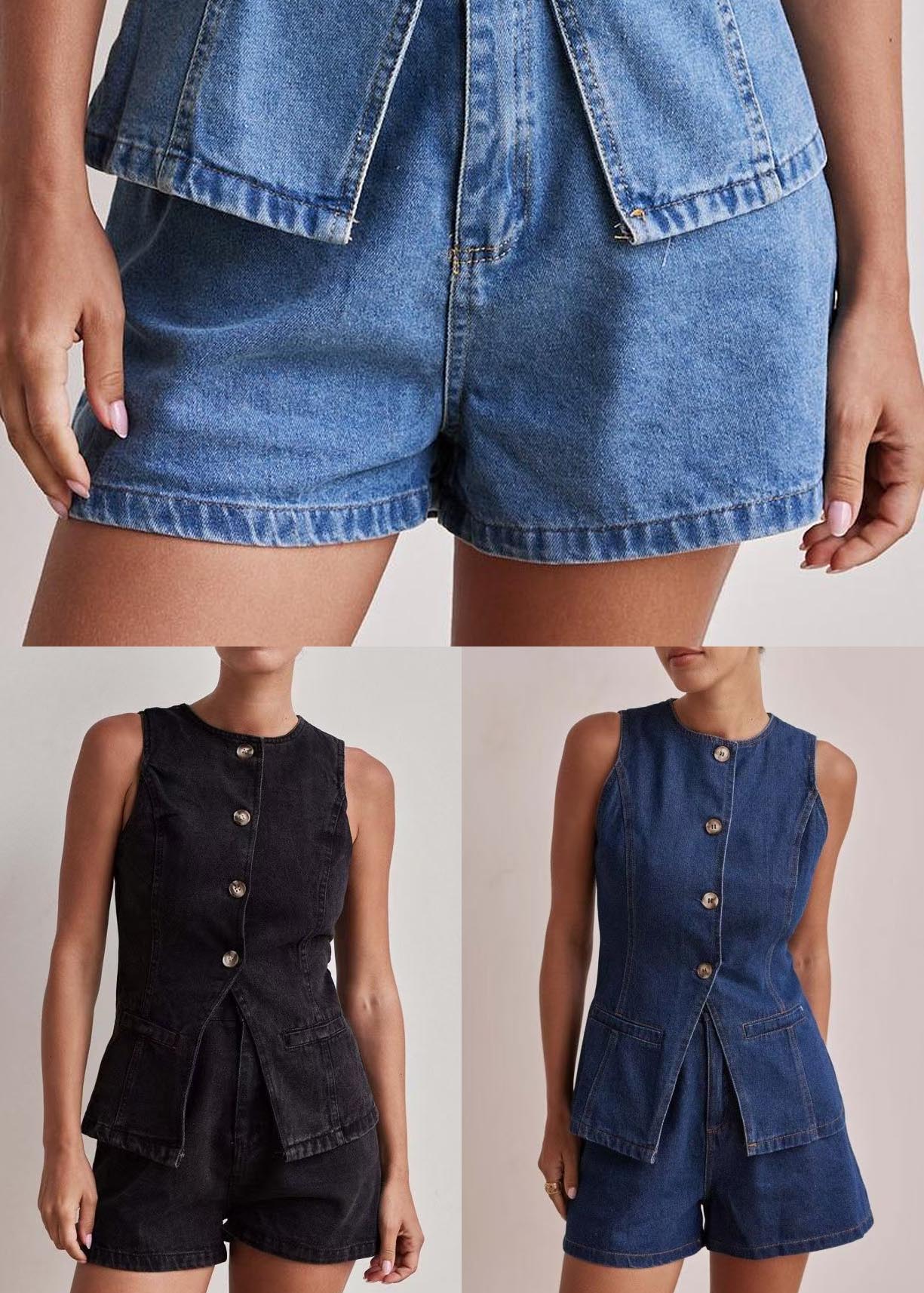 Black O-neck Side Open Denim Two Pieces Set Sleeveless