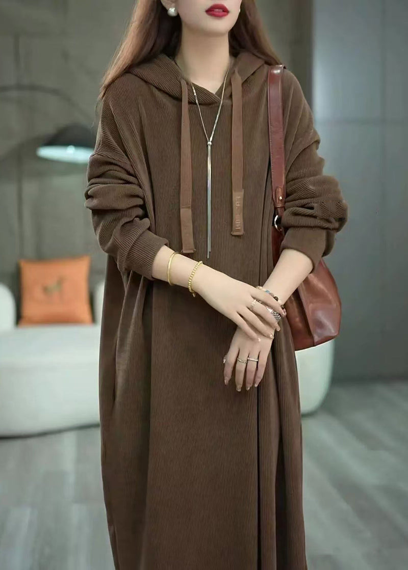 Loose Coffee Hooded Pockets Cotton Long Dress Winter