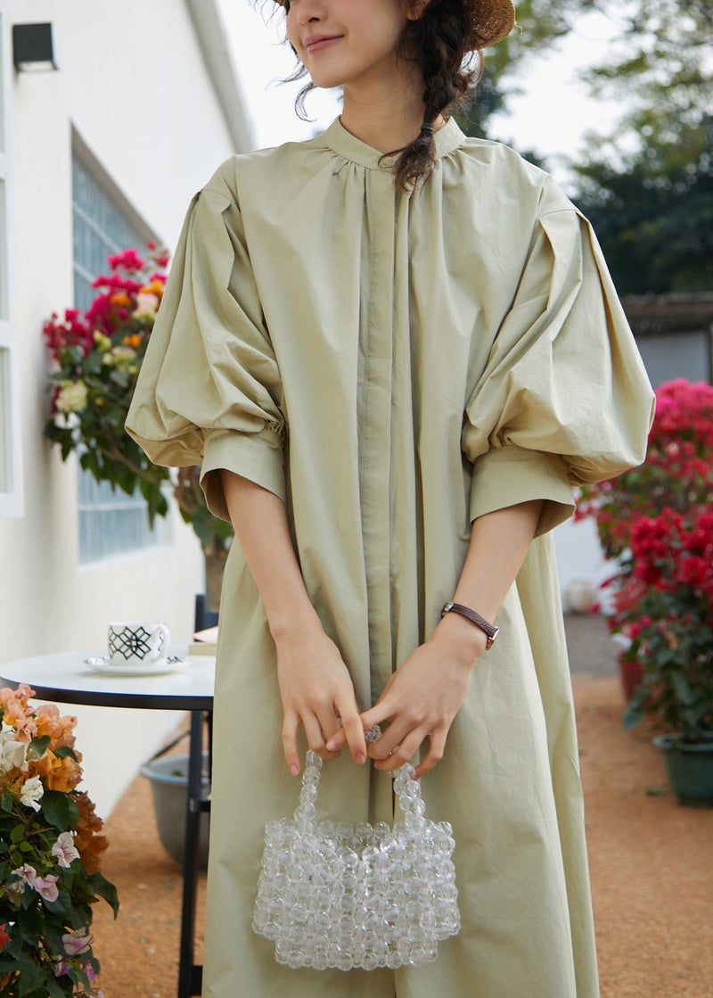 Unique Light Green Stand Collar Cotton Maxi Dress Fall