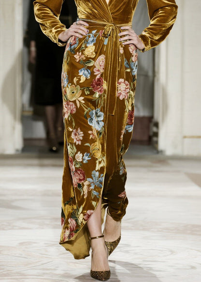 Yellow V Neck Print Velvet Maxi Dresses Fall