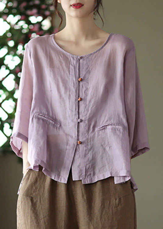 Purple O-neck Button Linen Shirt Long Sleeve