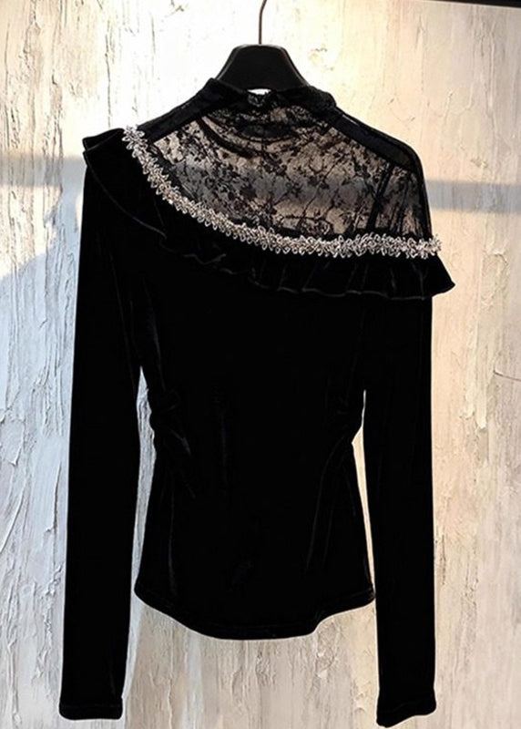 Black Lace Patchwork Silk Velour Top Spring