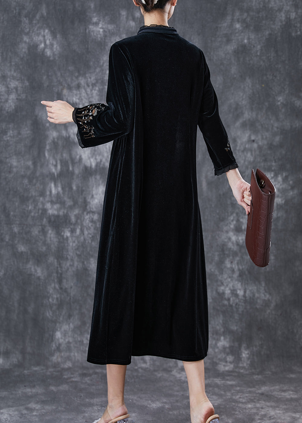 Black Embroideried Ruffled Silk Velour Dress Spring