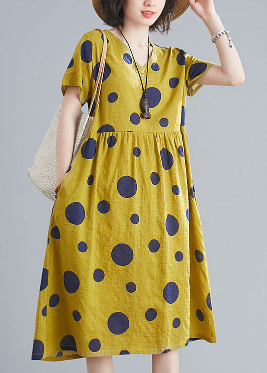 Yellow Wrinkled V Neck Pockets Dot Print Cotton Dresses Short Sleeve