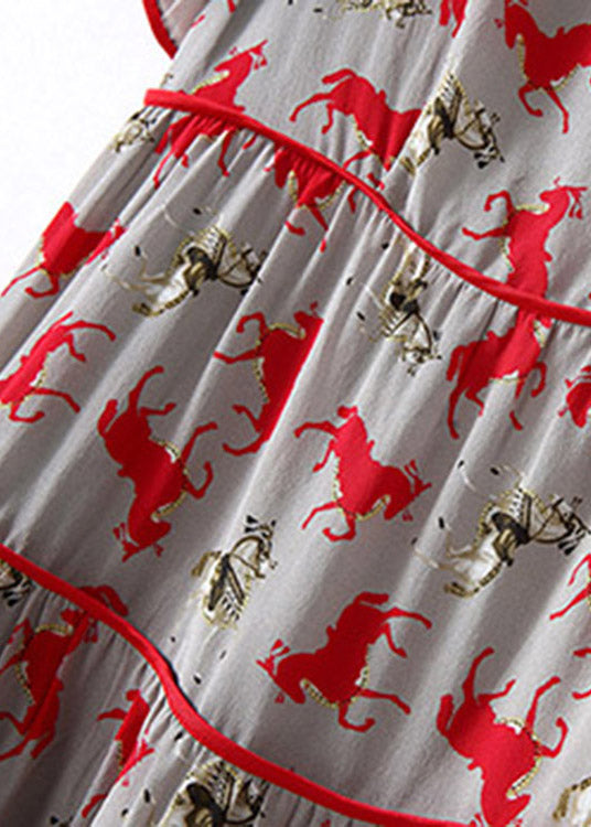 Retro O-neck Print Patchwork Wrinkled Silk Mid Dress Short Sleeve