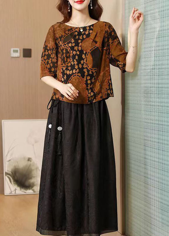Chocolate O-neck Print Silk Tops and Skirts Two Pieces Set Summer