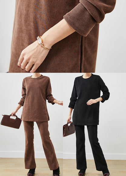 Brown Side Open Corduroy Two Piece Set Spring