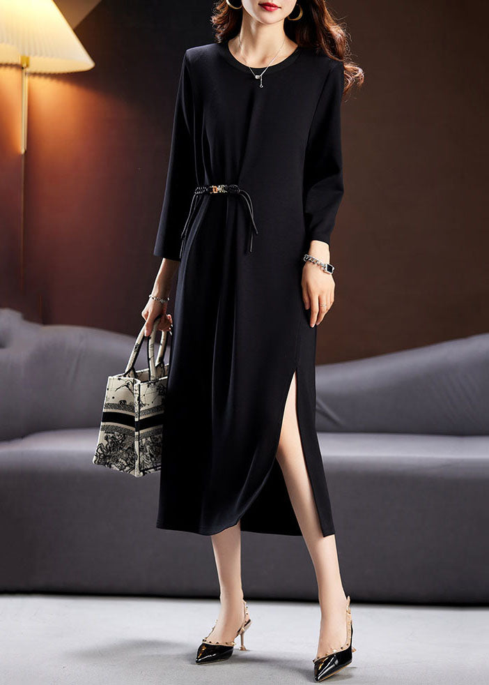 Black Wrinkled Tunic Maxi Dresses Long Sleeve