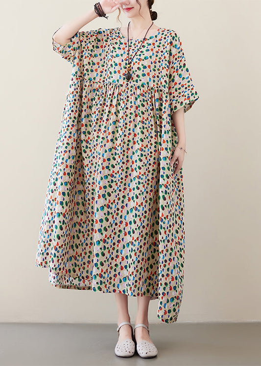 Art Light Khaki O-neck Dot Print Pockets Long Dresses Summer