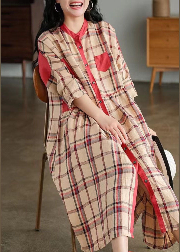 Blue O-neck Plaid Patchwork Shirt Dress Spring