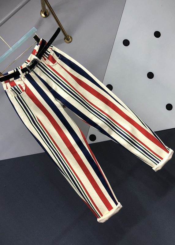 Striped Pockets Patchwork High Waist Denim Pants Fall