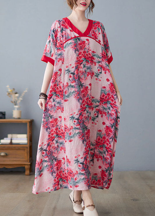 Pink V Neck Print Cotton Linen a Line Dress Short Sleeve